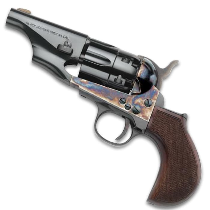 Our Replica 1860 Snub Nose Black Powder Pistol has a casehardened steel frame with a checkered wooden express grip