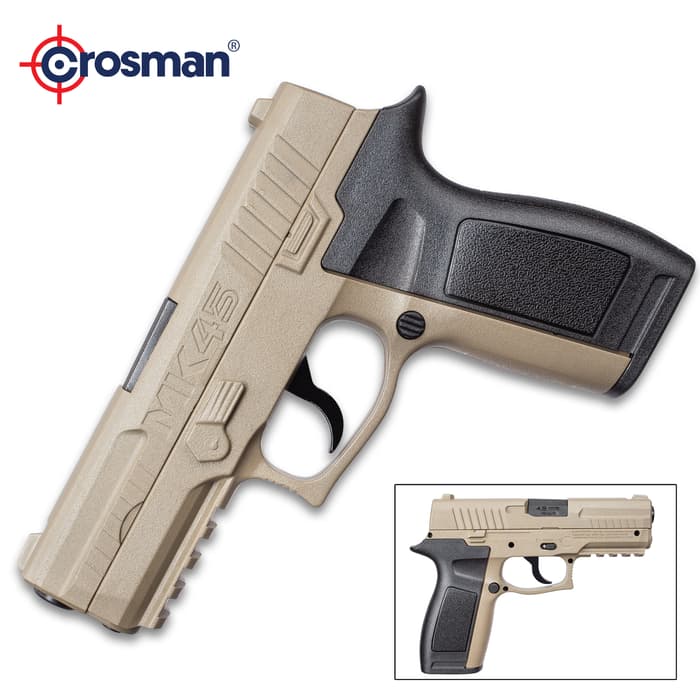 Crosman MK45 CO2 Powered Air Pistol - Steel Barrel, Synthetic Body, Removable Grip, Drop-Out Magazine, Picatinny Rail