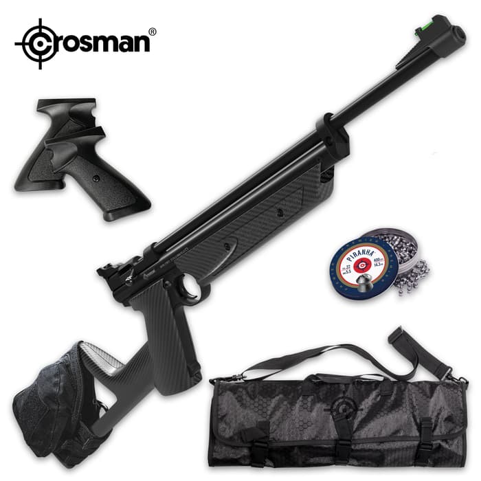 The versatile, variable pump air gun is dipped in a carbon fiber hydro-dip with fiber optic front sights and an open rear sight