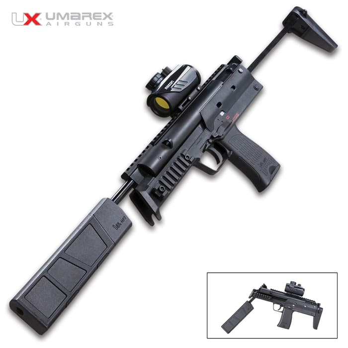 The Umarex HK MP7 Break Barrel Pellet Gun shoots .177 caliber pellets at 490 fps