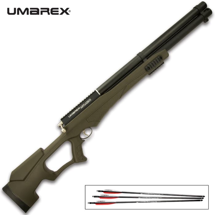 The Umarex AirSaber airbow uses high-pressure air and a special arrow to achieve velocities up to 450 fps and 169 ft-lbs of energy