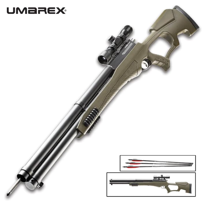 The Umarex AirSaber airbow uses high-pressure air and a special arrow to achieve velocities up to 480 fps and 178 ft-lbs of energy