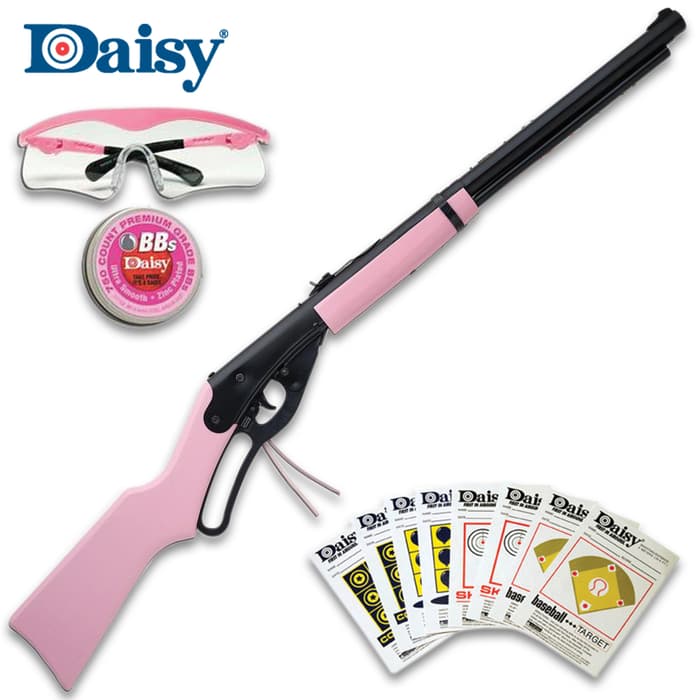This great backyard shooting kit includes a Pink BB Gun, shooting glasses, a tin of PrecisionMax BBs and Target Fun Pack