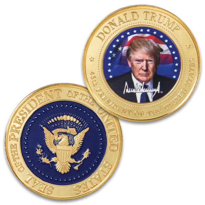 Donald Trump Full-Color Presidential Coin - Crafted Of Metal-Alloy, Gold-Plated, Collector’s Item, Intricate Colorful Detail, 40 mm - Dimensions 1 1/2"