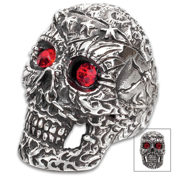 Four Star Red Eyes Skull Ring - Stainless Steel Construction, Faux Jewels, Remarkable Detail - Available In Sizes 9-12
