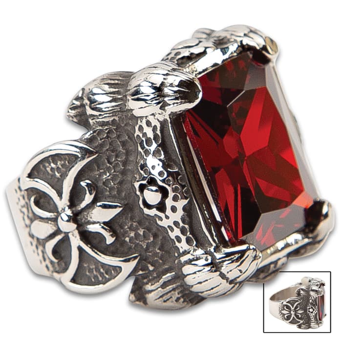 Red Square-Cut Stone Ring - Faux Ruby, Stainless Steel Construction, Lifetime Of Wear, Highly Detailed, Everyday Wear