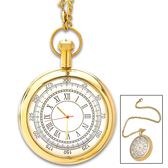 Antique Replica Brass Pocket Watch And Chain - Solid Brass Construction, High-Polish Finish, Roman Numerals - Diameter 2”