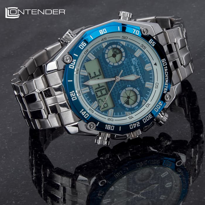 Blue And Stainless Everyday Casual Watch - Digital, Water-Resistant 30M, Metal Alloy Case, Resin Glass, Stainless Steel Band
