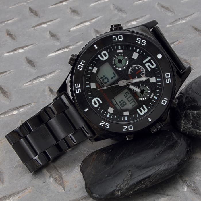 Black Stainless Everyday Casual Watch - Digital, Water-Resistant 50M, Metal Alloy Case, Resin Glass, Stainless Steel Band