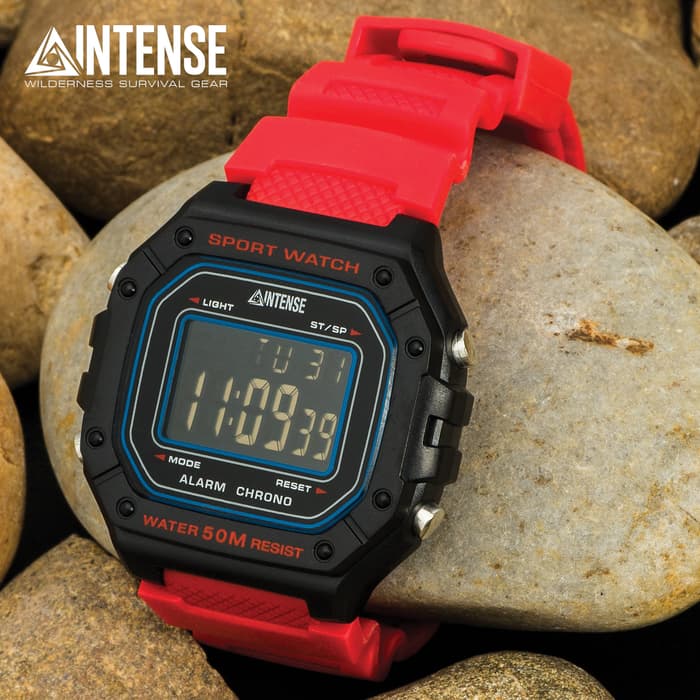 Intense Red Sport Digital Watch - ABS Case, Polyurethane Band, Resin Window, Water-Resistant, EL Backlight