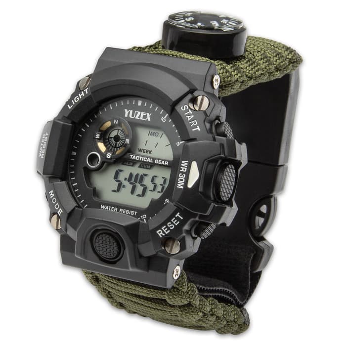 The Multi-Function Watch With Paracord Strap is a great outdoor activity watch with its variety of survival features