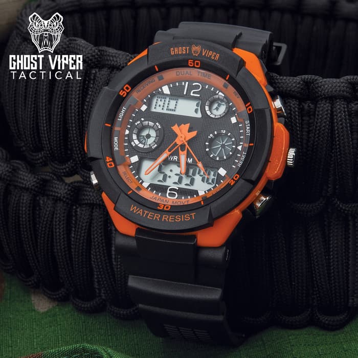 GVT Orange Outdoors Adventure Watch - Digital, Water-Resistant 50M, Hard ABS And Stainless Steel Case, Resin Glass, PU Band