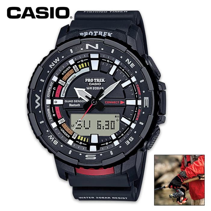 Pro Trek Casio Fishing Watch - Bluetooth Equipped, Water-Resistant, Digital Compass, Thermometer, LED Lights, Barometer
