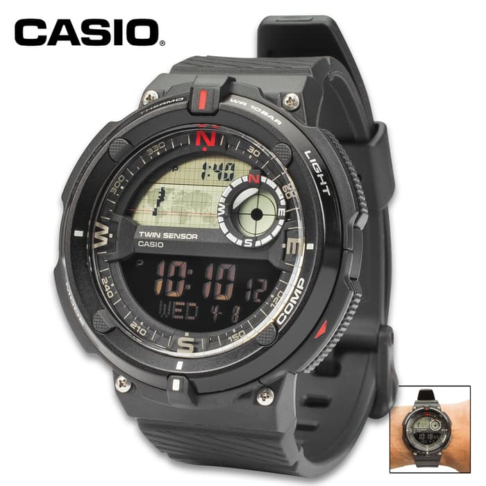 Casio Core Sport Black Bezel Watch - Digital Compass, Thermometer, Water-Resistance 100 m, TPR Band, EL Backlight
