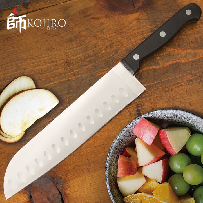 Kojiro Gen 4 Hollow Ground Santoku Knife - AISI-420 Surgical Stainless Steel Sheepsfoot Blade, Full-Tang, Ergonomic Handle - Length 12 1/12”