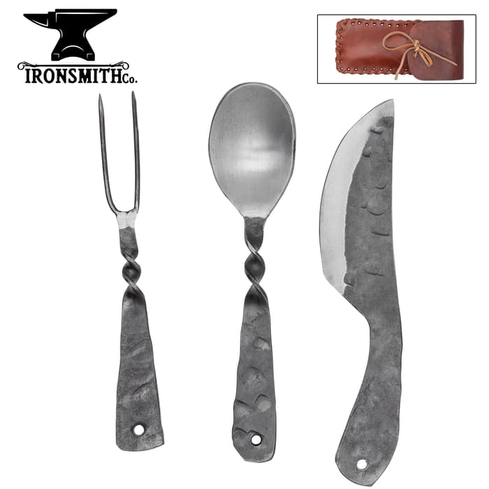 The Ironsmith Co. Medieval Eating Set is hand-forged.