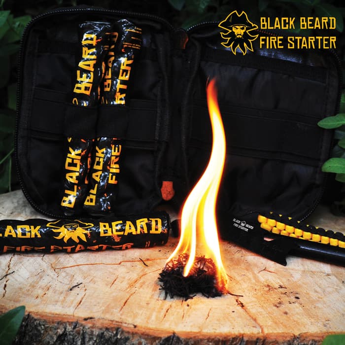 Black Beard Fire Starter Captain’s Loot Kit - Includes Organizer Case, Three Fire Starters, Ferro Rod, Velcro Logo Patch