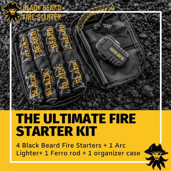 Black Beard Fire Starter Pirates Plunder - Includes Organizer Case, Four Fire Starters, Ferro Rod, Arc Lighter, Velcro Logo Patch
