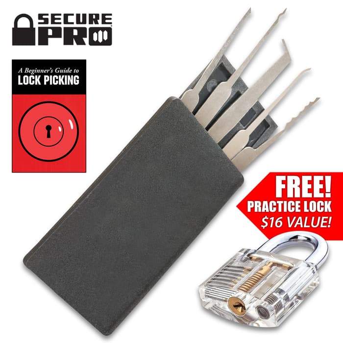 Secure Pro Credit Card-Sized Lock Picking Set And FREE Practice Padlock - Solid Metal Picks, Instruction Manual, Clear Lock, Two Master Keys