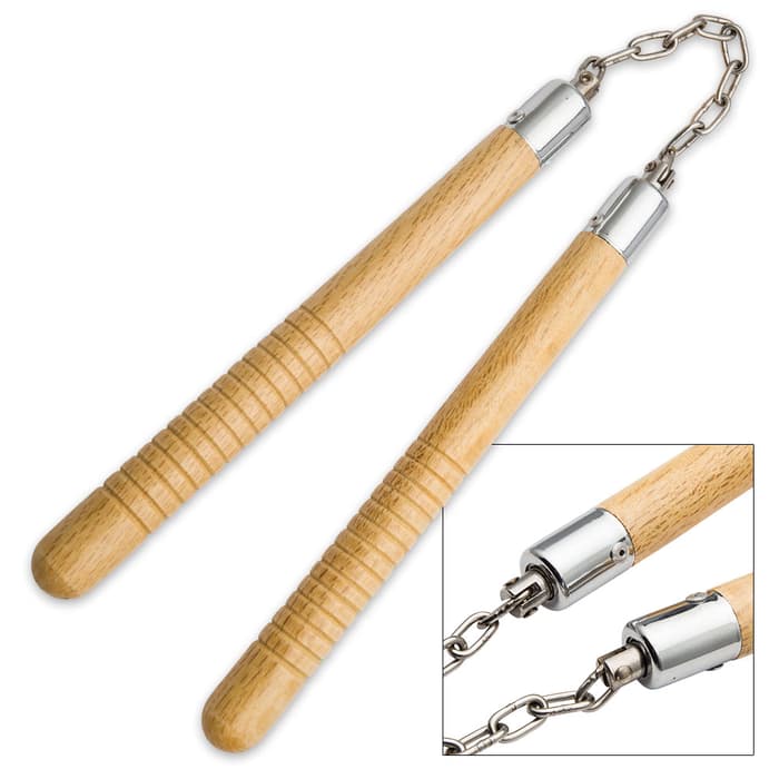 Natural Wooden Nunchaku With Ball Bearing Chain