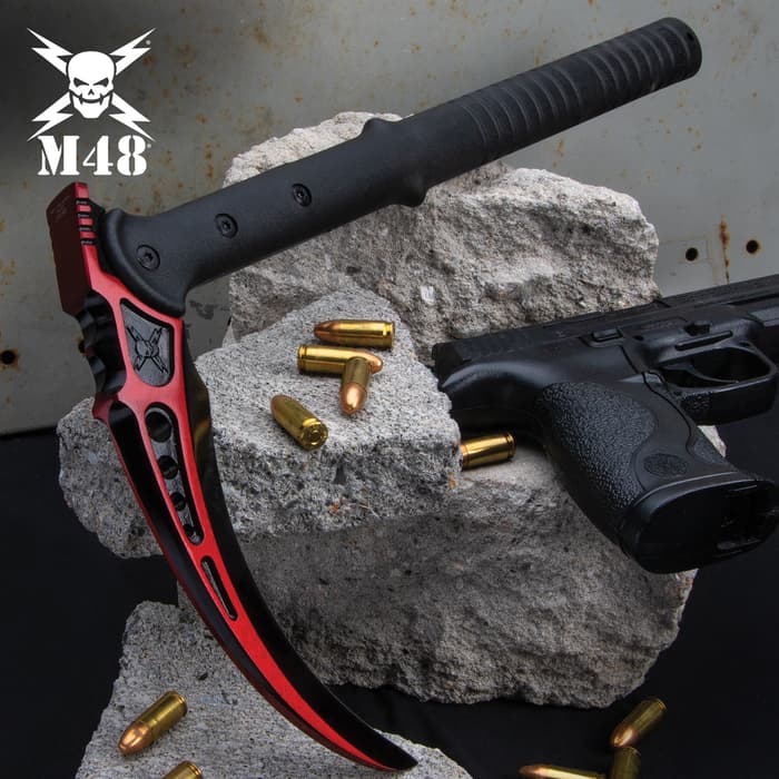 M48 Red Tactical Kama And Sheath - Cast Stainless Steel Head, Fiberglass Reinforced Nylon Handle - Length 15 1/2”