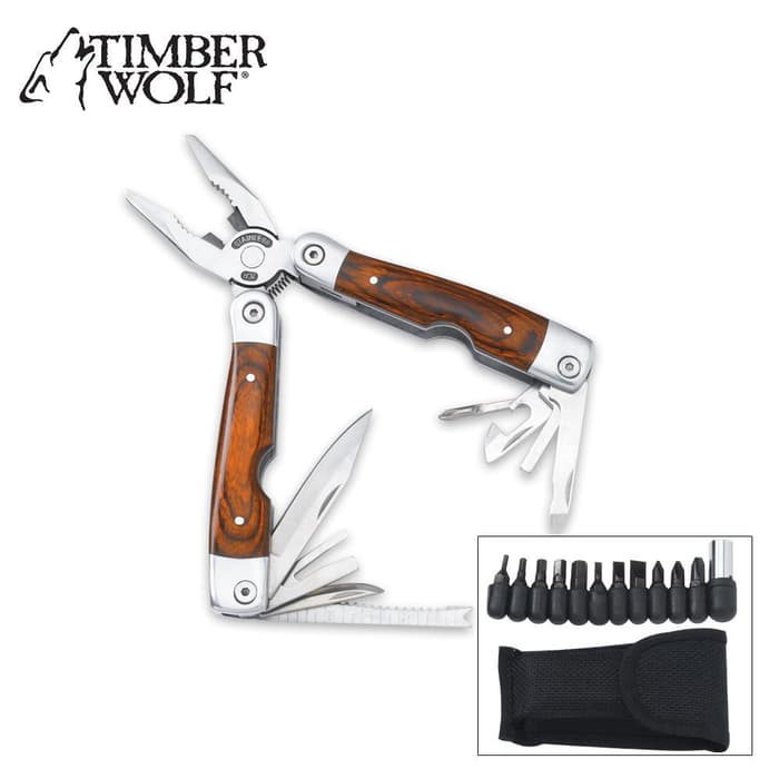 Timber Wolf Undertaker Multi-Tool has hardwood grips, 12 popular driver bits, and nylon pouch.