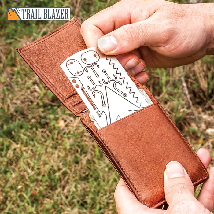 Trailblazer Survival Multi-Tool Card - Aluminum Construction, Multiple Fish Hooks, Arrow Head, Needles, Saws - Dimensions 3 1/2”x 2”