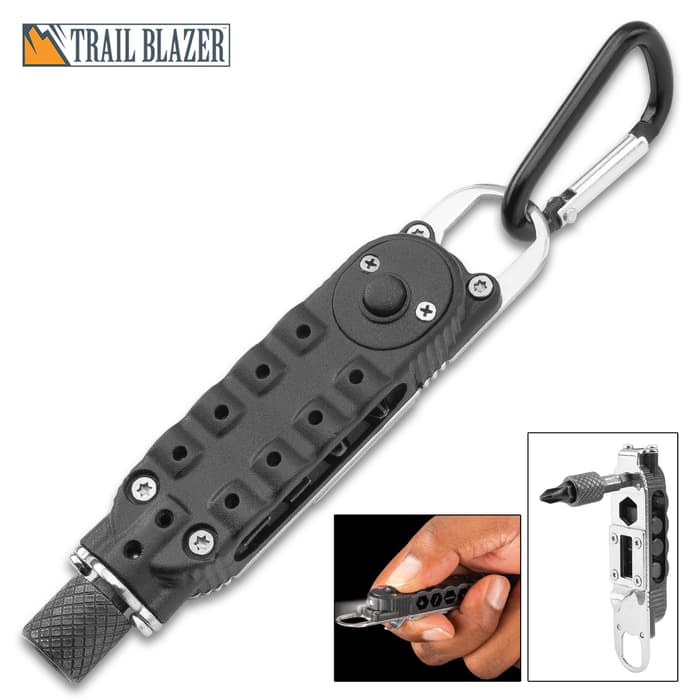 Trailblazer Torque Driver Multi-Tool With Flashlight - Four Hex Bits, Wrenches, Bottle Opener, Angle Driver, Carabiner - Length 3 3/4”