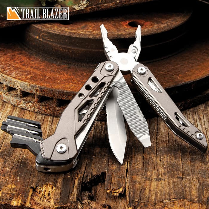 Trailblazer Multi-Tool With Bit Set - 3Cr13 Stainless Steel Blade And File, Screwdriver, Grey Aluminum Handle, Pocket Clip