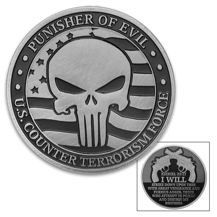 Punisher Of Evil Challenge Coin - Crafted Of Metal Alloy, Detailed 3D Relief On Each Side, Collectible - Diameter 1 5/8”