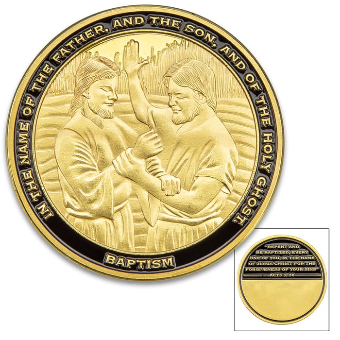 Baptism Challenge Coin - Metal Alloy Construction, Bronze Finish, Detailed 3D Relief, Bible Verse - Diameter 1 5/8” Engravable