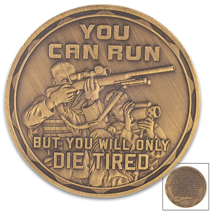 Sniper Challenge Coin - Antique Brass Finish, Crafted Of Metal Alloy, Detailed 3D Relief On Each Side - Dimension 1 5/8”