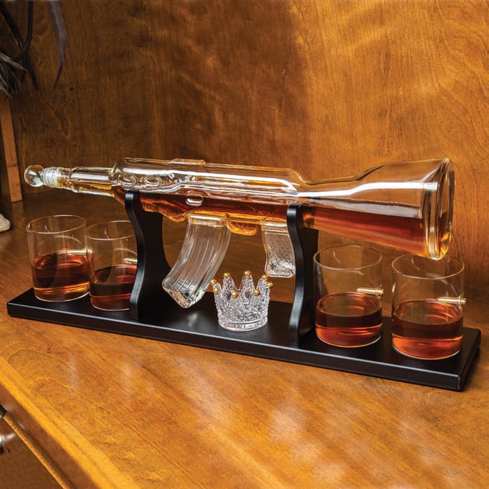 AK47 Glass Decanter Set With Stand - Expertly Crafted Glass Construction, Decanter, Four Glasses, Whiskey Stones