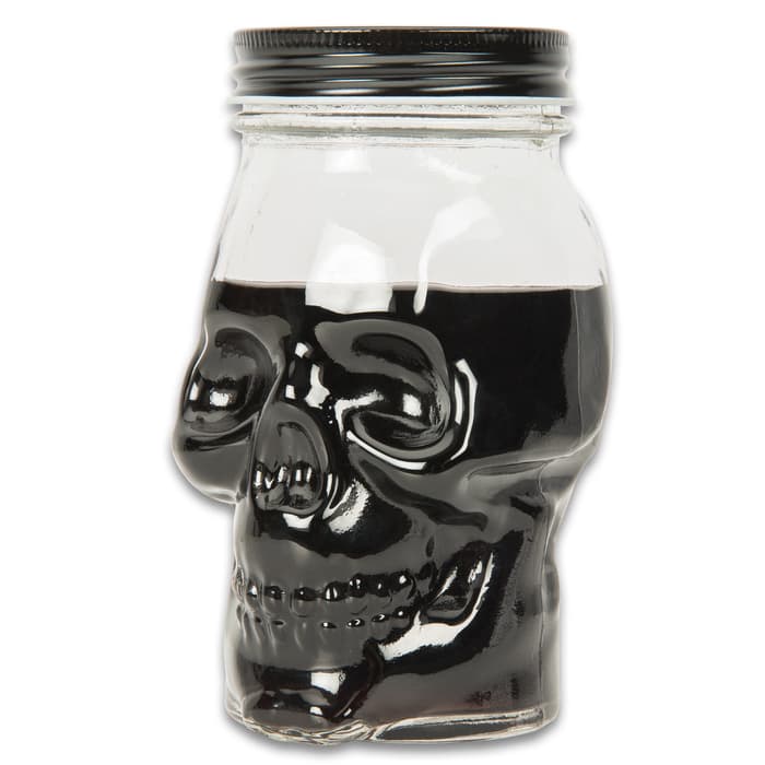 Skull Head Mason Jar - Two-Pack, One Solid Piece Of Glass, 16-Ounce Capacity, Sturdy Metal Lid - 6” Tall