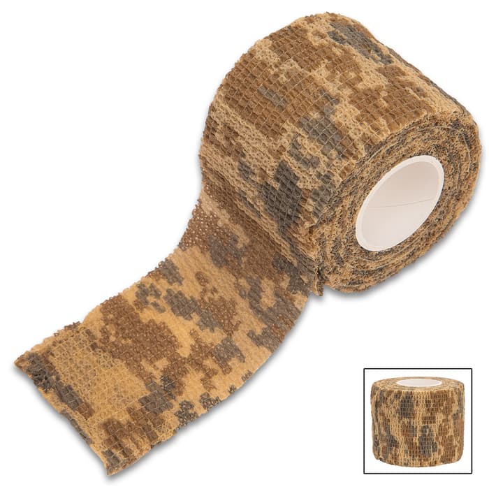 Flexible Self-Adhesive Desert Camo Wrap - Gun Protection, Stretch Fabric, Reusable, Weatherproof, 2” Wide, 14 3/4’ Roll