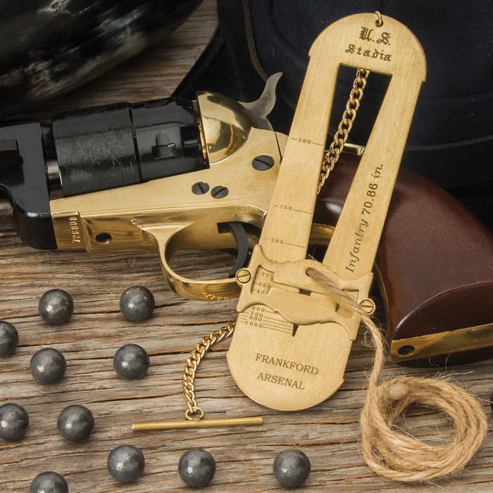 Frankford Arsenal Range Finder - Brass Construction, Twine String, Button Hole Chain And Toggle - Dimensions 5 1/4”x 1 1/2”