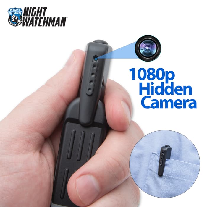 A view of the Night Watchman Pen Style Mini Spy Camera in hand and on a pocket