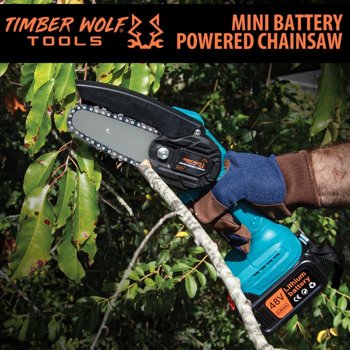 The Mini Rechargeable Chainsaw can tackle small cutting jobs on your property