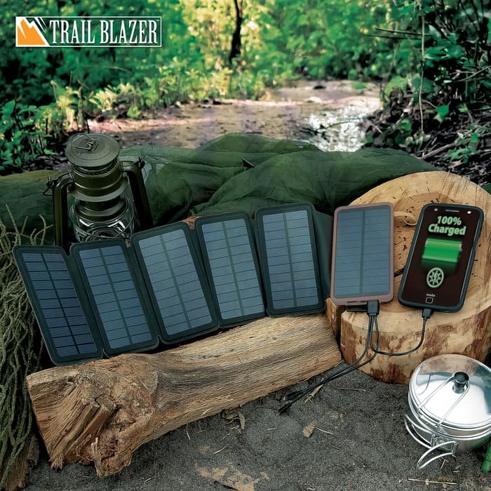 12,000 MAH Folding Solar Charger And Power Bank - USB Ports, LED Lights, Six Panels, Indicator Lights - Dimensions 3 1/4”x 6”