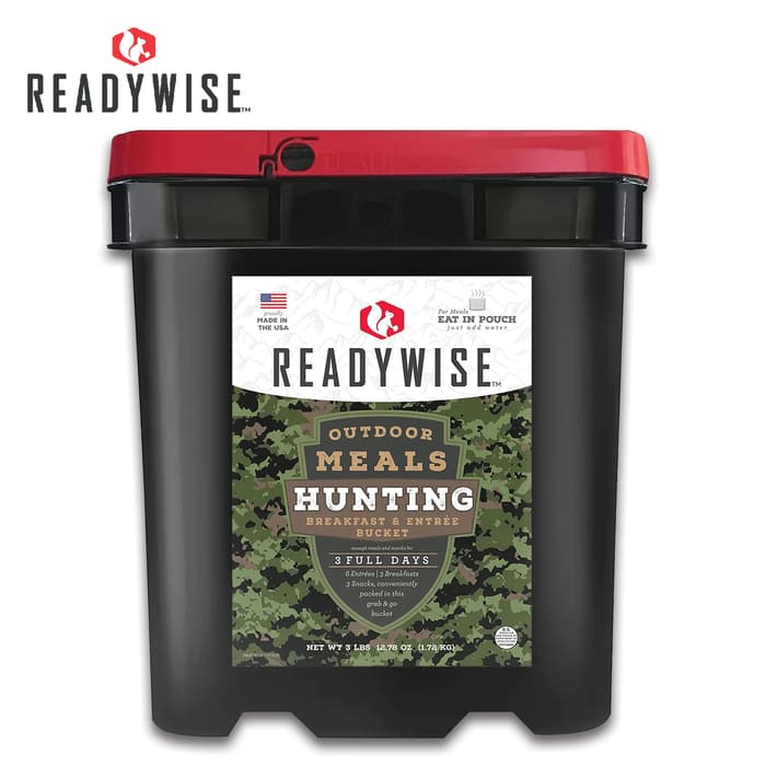 The Hunting Bucket Outdoor Meals shown in its container