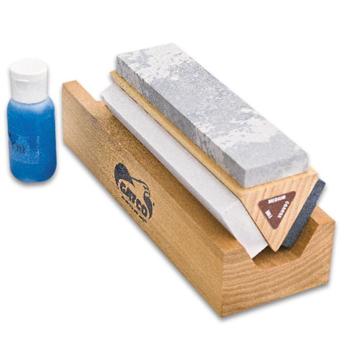 Gatco Arkansas Tri-Hone Sharpening System - 100 Percent Natural Stone, Wooden Triangle Base, Honing Oil Included