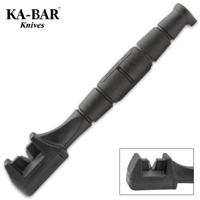 The KA-BAR Knife Sharpener is a portable sharpening tool that is small enough to carry in your pocket