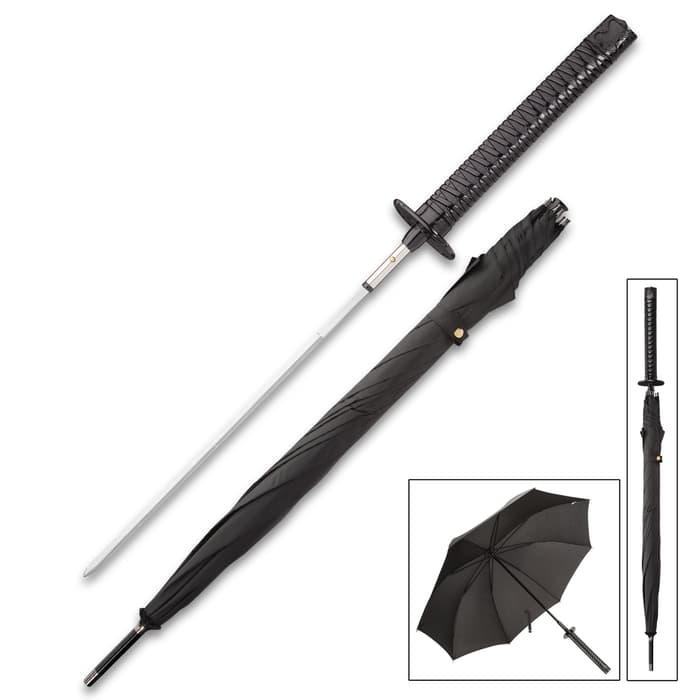 Black umbrella sword is shown with sword pulled from the umbrella and inside the functioning umbrella. 