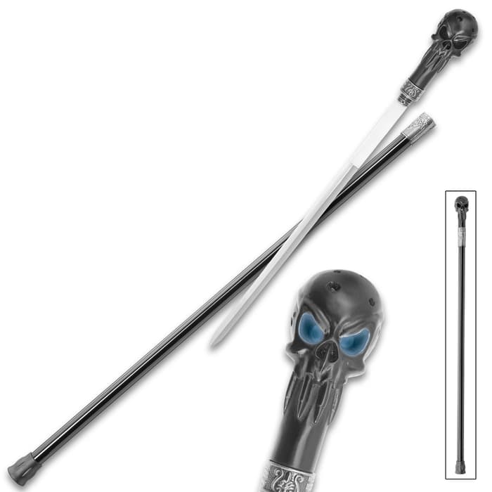 Skull Sword Cane With LED Lights - Stainless Steel Blade, Polyresin Head, Aluminum Shaft, Rubber Toe - Length 35 4/5”