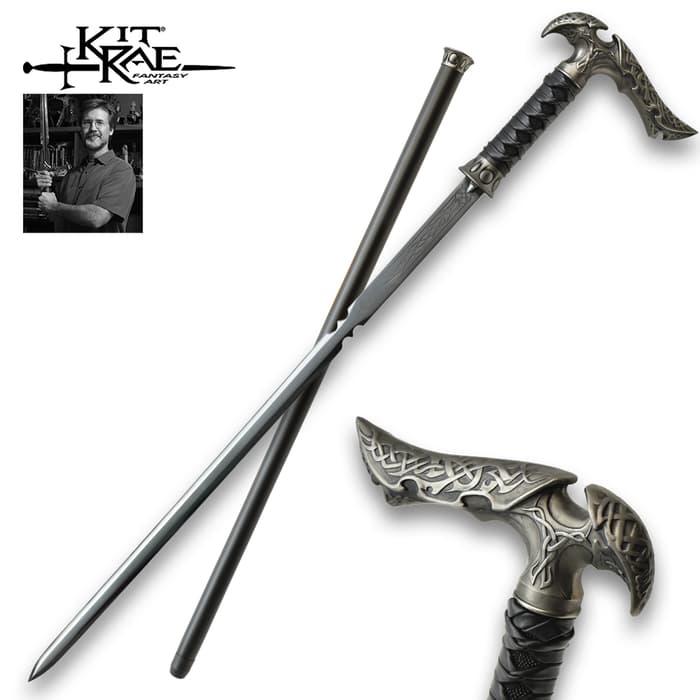 The Kit Rae Black Axios Sword Cane has a carbon steel blade