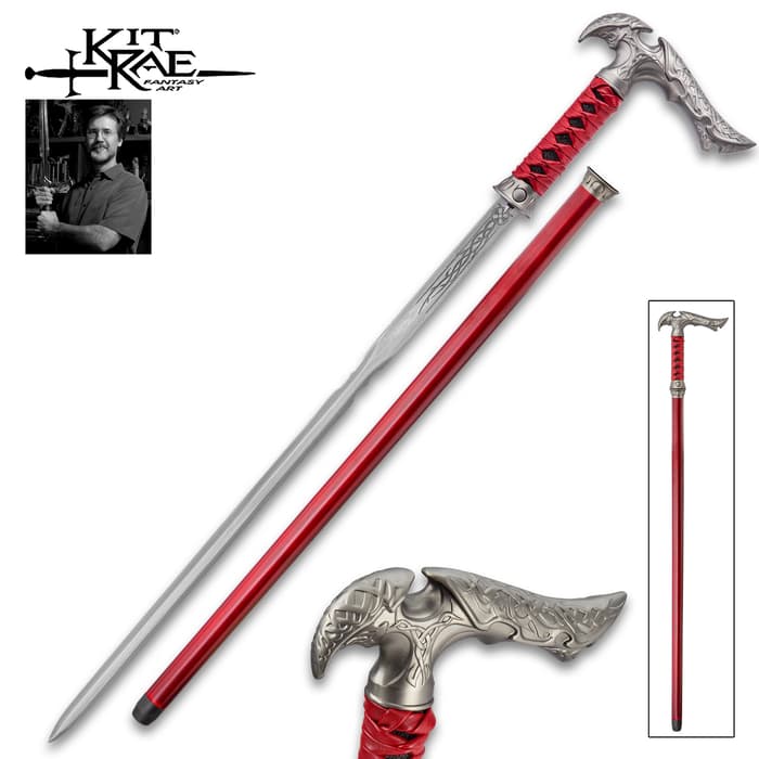 Kit Rae sword cane with razor sharp damascus steel blade with red faux leather wrappings laying adjacent to cane shaft and showcasing heavy cast metal hilt
