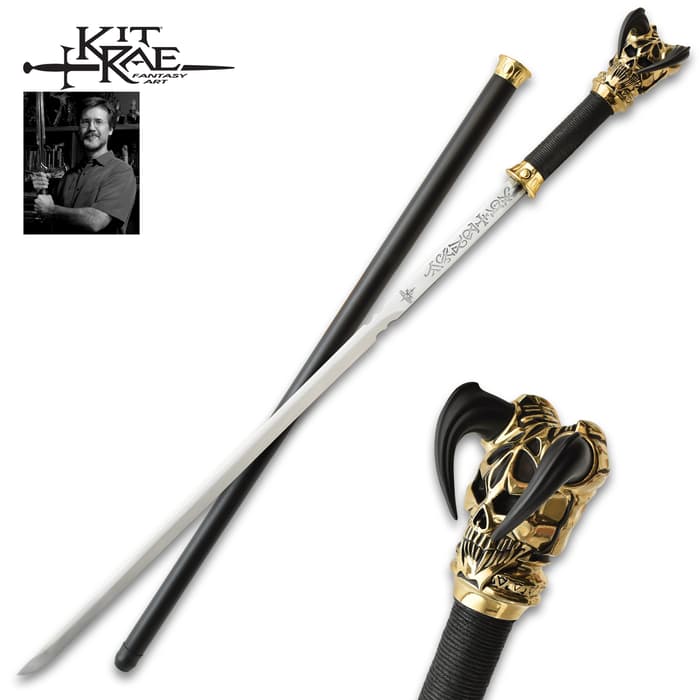The Kit Rae Vorthelok Sword Cane with its sheath and a close-up of the pommel