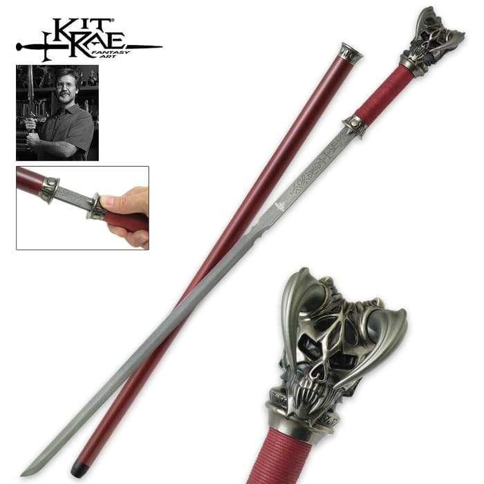 Kit Rae Vorthelok Sword Cane shown in full adjacent to Kit Rae’s head shot and zoomed view of the sword’s horned skull pommel. 
