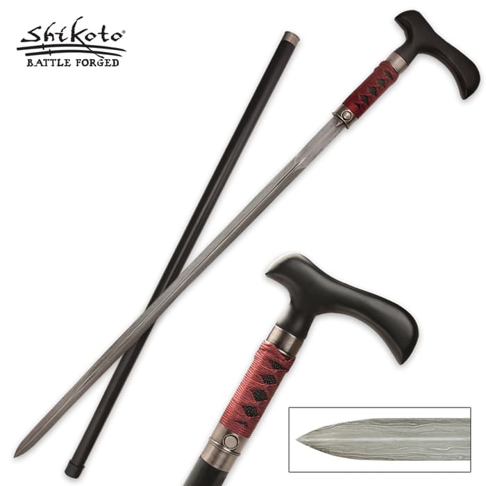 Shikoto Forged Gent Sword Cane Black Red Damascus