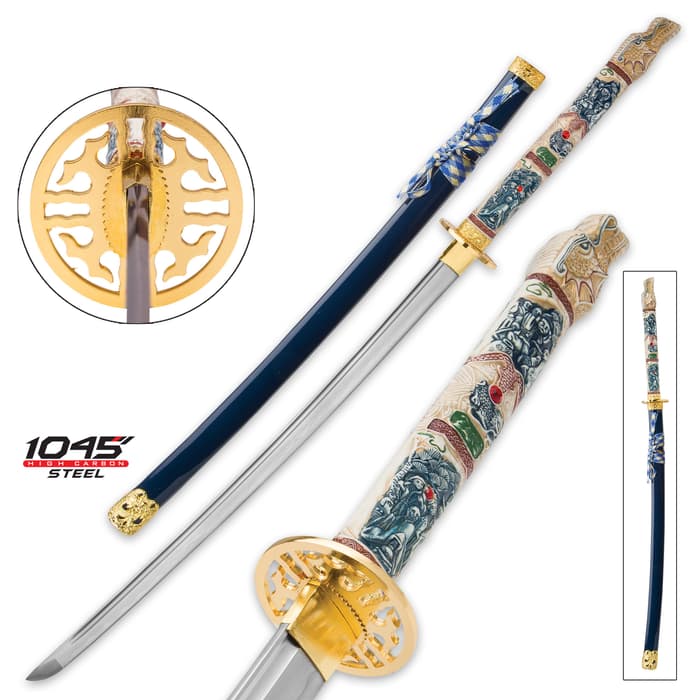 Highlander Closed Mouth Dragon Katana with Blue Lacquered Saya - 1045 High Carbon Steel Blade - Battle Ready